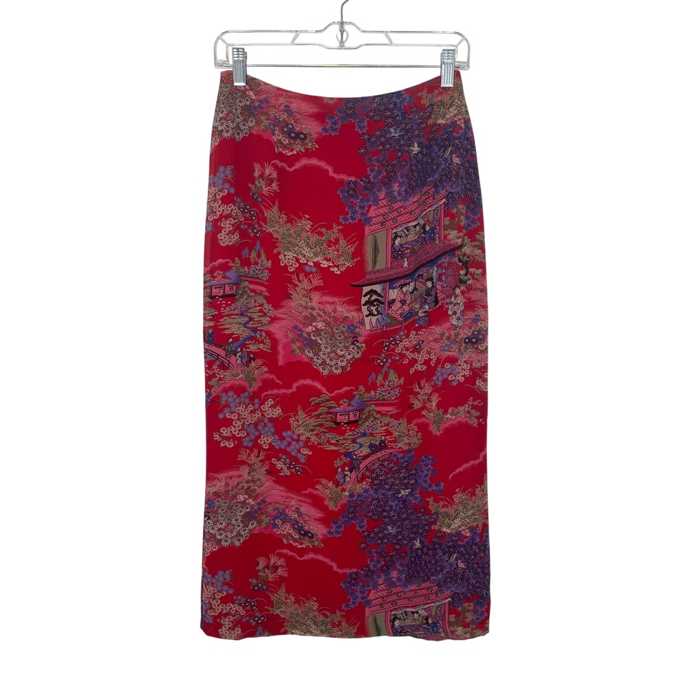 Vintage Y2K 90's Asian Inspired Skirt Harajuku Red Japanese Pagoda Print Midi 6P